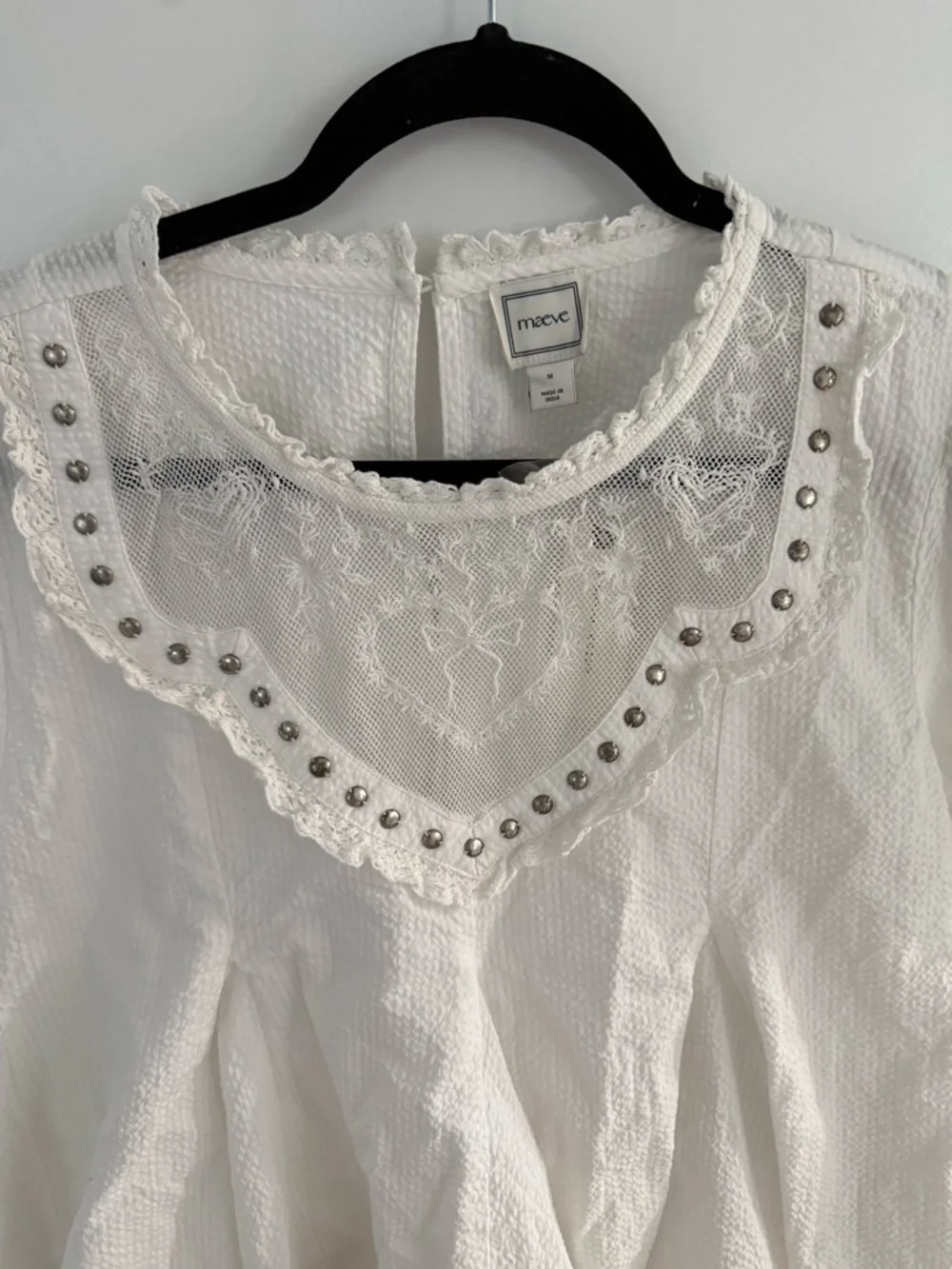 Anthropologie White Lace Yoke Puff Sleeve Peplum Blouse